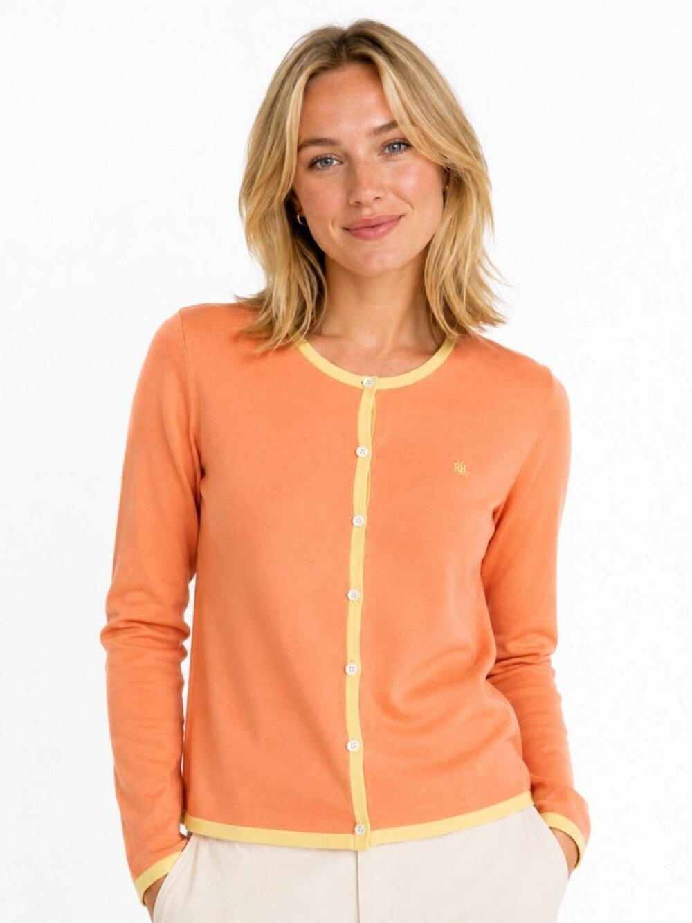 Lauren Ralph Lauren Orange Yellow Trim Silk Knit Cardigan